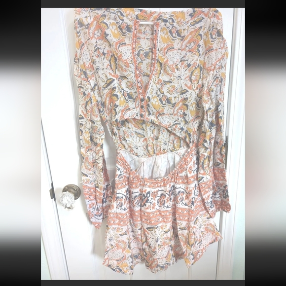 Free People orange white sun open back long sleeve dressBoho flounce sz XS. - Picture 6 of 8
